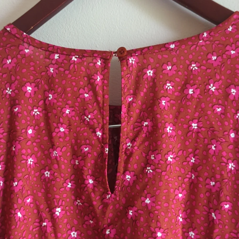 Ann Taylor Floral Ruffle Trim Shift Dress In RED Wild Hibiscus/ XLTALL Fall Mini - Picture 6 of 8